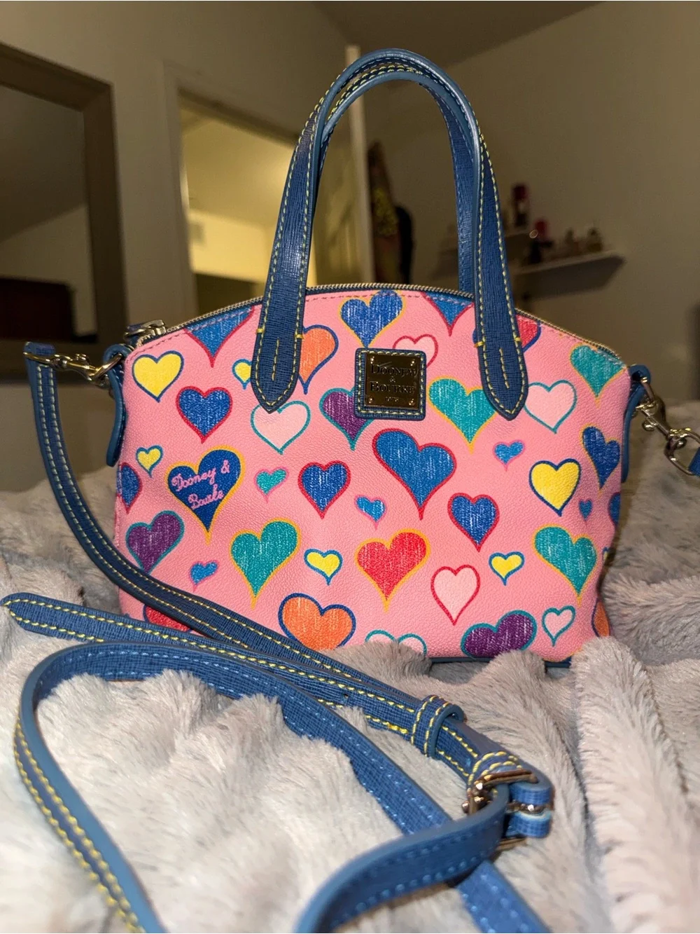 Dooney & Bourke Pink Heart Print Mini Satchel with Blue Trim - Picture 1 of 8